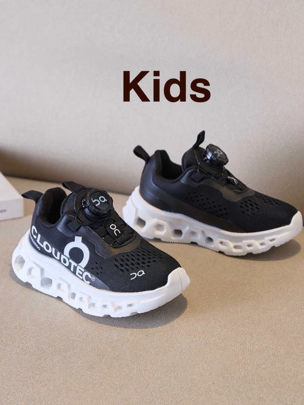 On Running Kids Black and White CloudTec Sneakers with Dial Closure
